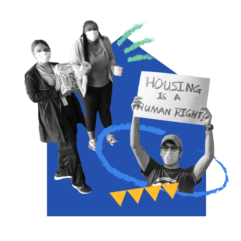 A collage featuring volunteers and a man holding a sign that says "housing is a human right"